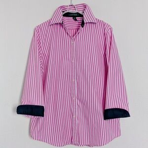 Lauren Ralph Lauren Pink Striped 3/4 Sleeve Button Up Shirt Women's XL Navy Trim